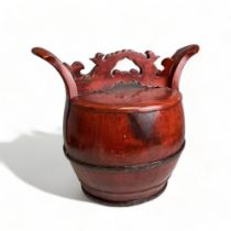 A Chinese wood & red lacquer ware covered basket. Height - 33cm