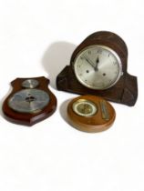 A VINTAGE LUFFT BAROMETER AND THERMOMETER WITH ANOTHER AND A ENFIELD MANTEL CLOCK