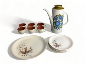 A COLLECTION OF BRISTOL POTTERY PLATES & TEACUPS, TOGETHER WITH A J&G MEAKIN STUDIO COFFEE POT.