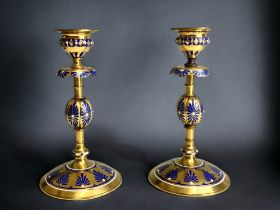 A pair of rare Victorian Elkington Gilt & enamel candlesticks. Marked to base. 110cm x 44cm