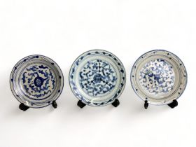 Three Chinese blue & white porcelain 'Kitchen Qing' dishes. 18th / 19th century. Diameter - 13.5cm