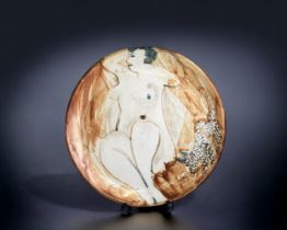 Elizabeth Cummings, painted stoneware plate. Depicting image of nude. Signed to nude. Diameter -