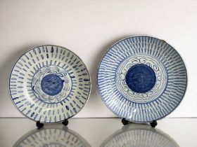 Two Chinese blue & white shallow bowls. Qing dynasty. Painted stylised foliate designs. Largest -