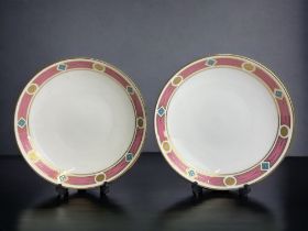 A PAIR OF VICTORIAN MINTON PORCELAIN DISHES. GILT, TURQUOISE & GILDED BORDER PATTERN. DIAMETER -