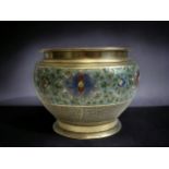 A JAPANESE BRONZE ENAMEL CHAMPLEVE INLAID PLANTER. SIGNED TO BASE. 16 X 21CM AF - BASE IS LOOSE.