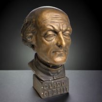 A PAINTED PLASTER BUST OF GUIDO GEZELLE. EARLY 20TH CENTURY. PAINTED BRONZE EFFECT. HEIGHT - 32CM