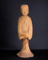 A painted pottery figure of a female courtier, Chinese Han dynasty 漢 陶加彩女立俑