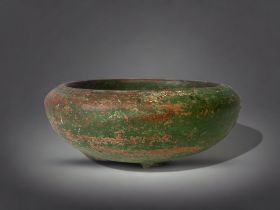 A CHINESE 'HAN DYNASTY' POTTERY CENSER BOWL. GREEN PAINTED. 6 X 15CM