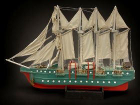 A VERY LARGE WOODEN MODEL SHIP. SOME MINOR WEAR ETC- 115cm x 74cm tall