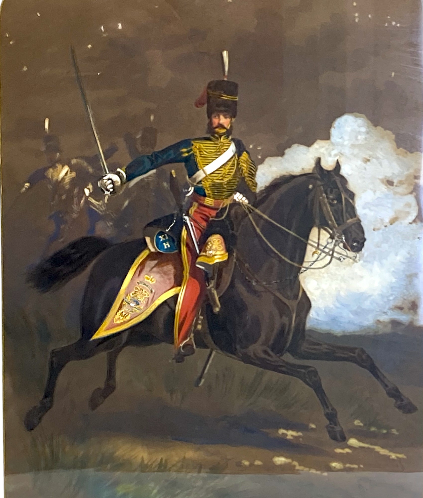 Alfred F. De Prades, (British 1820-1890) watercolour. Mounted 11th Hussars officer in battle. Signed - Image 2 of 4