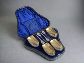 A Victorian boxed set of Silver plate & gilt table salts. By Martin Hall & co. Fashioned as rowing