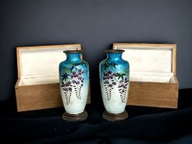 A pair of Japanese Ginbari Cloisonné vases. Mid-20th century. With original boxes and stands. On