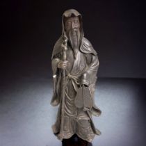 AN UNUSUAL 18TH CENTURY CHINESE SPELTER FIGURE OF DAOIST IMMORTAL 'ZHONGLI QUAN'? THE HEAD IS