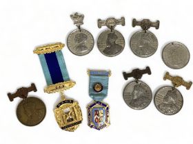 9 Assorted British historical medals; school attendance, RAOB, etc.