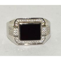 Mens black onyx/CZ 925 silver signet ring Size T 1/2.