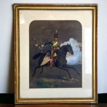 Alfred F. De Prades, (British 1820-1890) watercolour. Mounted 11th Hussars officer in battle. Signed