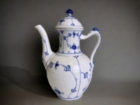 A Royal Copenhagen 'blue fluted half lace' pattern coffee pot. Marks to base & lid. Height - 25cm