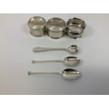 3x Silver Napkin Rings and 3x Silver Spoons - Total Weight 70gms