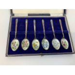 6x Vintage Sterling Silver and Enamel Teaspoons with Floral Guilloche Detail - 1966 Birmingham -