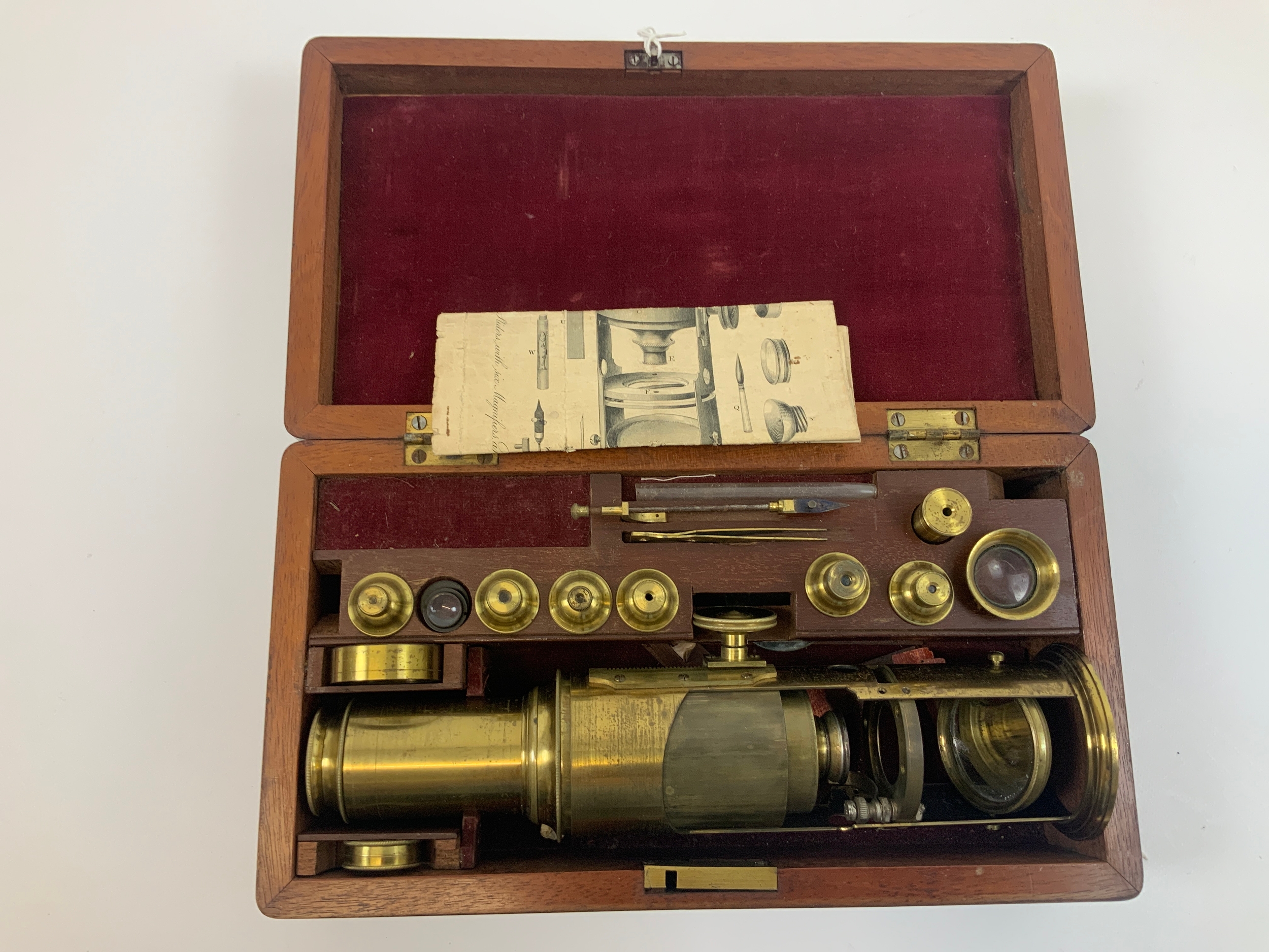 Near Complete Victorian Brass Microscope with Original Box and Instructions - Box 27cm x 15cm