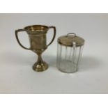 Silver Trophy and Silver Lidded Glass Sugar Pot