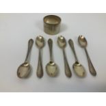 6x Silver Teaspoons and Silver Napkin Ring - Total Weight 125gms