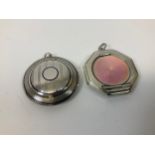 Silver and Guilloche Deco Pendant/Compact with Mirror and One Sterling Silver and Enamel Pendant/