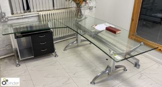 3-piece glass Executive Office Desk, with sloped table 2100mm x 900mm, return with built in