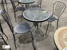 Glass top circular Café Table, 620mm diameter, with 2 tubular café chairs (LOCATION: Hammerton