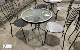 Glass top circular Café Table, 620mm diameter, with 2 tubular café chairs (LOCATION: Hammerton