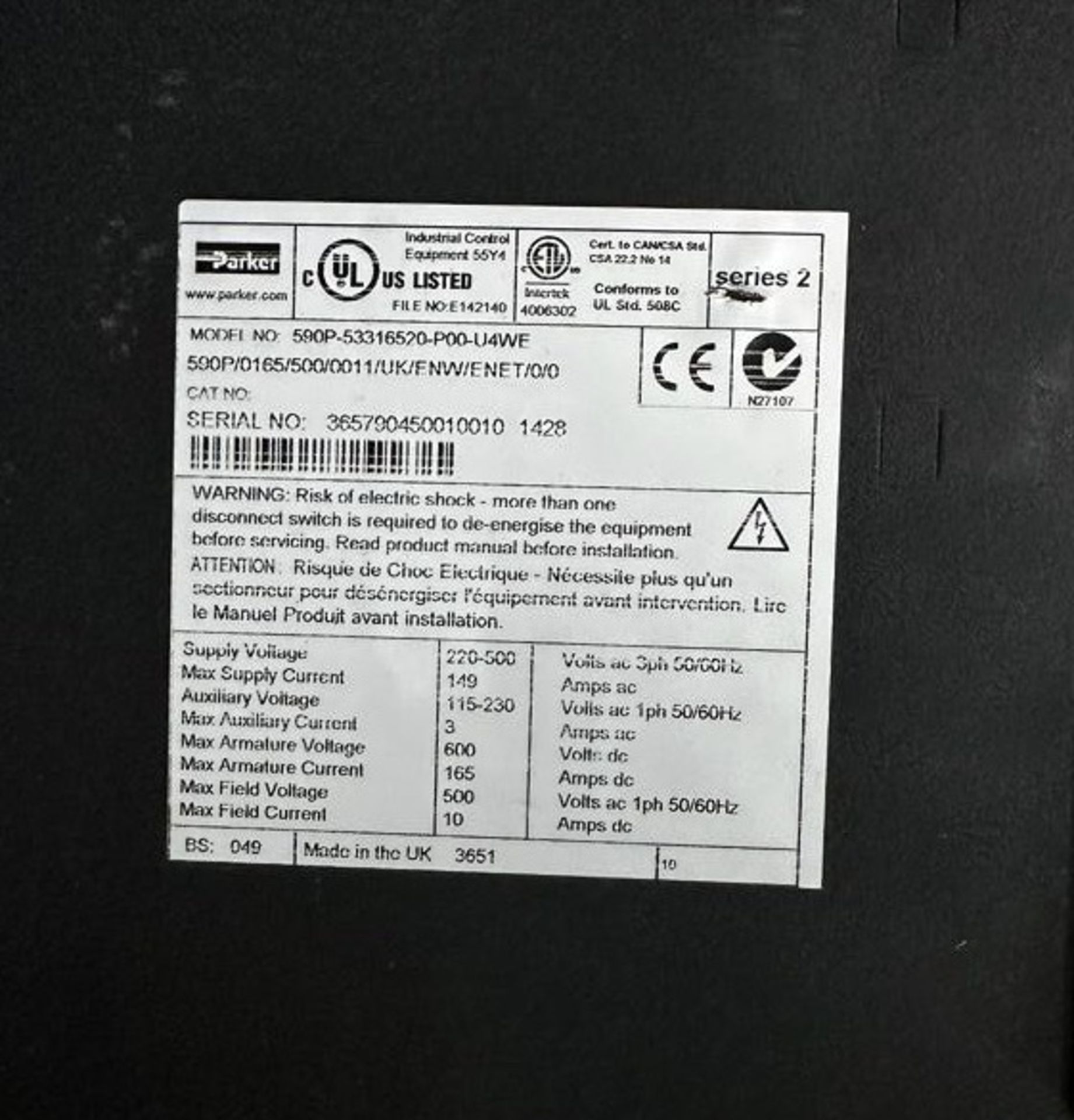 Parker 590P-53270020-P00-U4WE Thyristor Drive (LOCATION: Corby) - Image 2 of 3