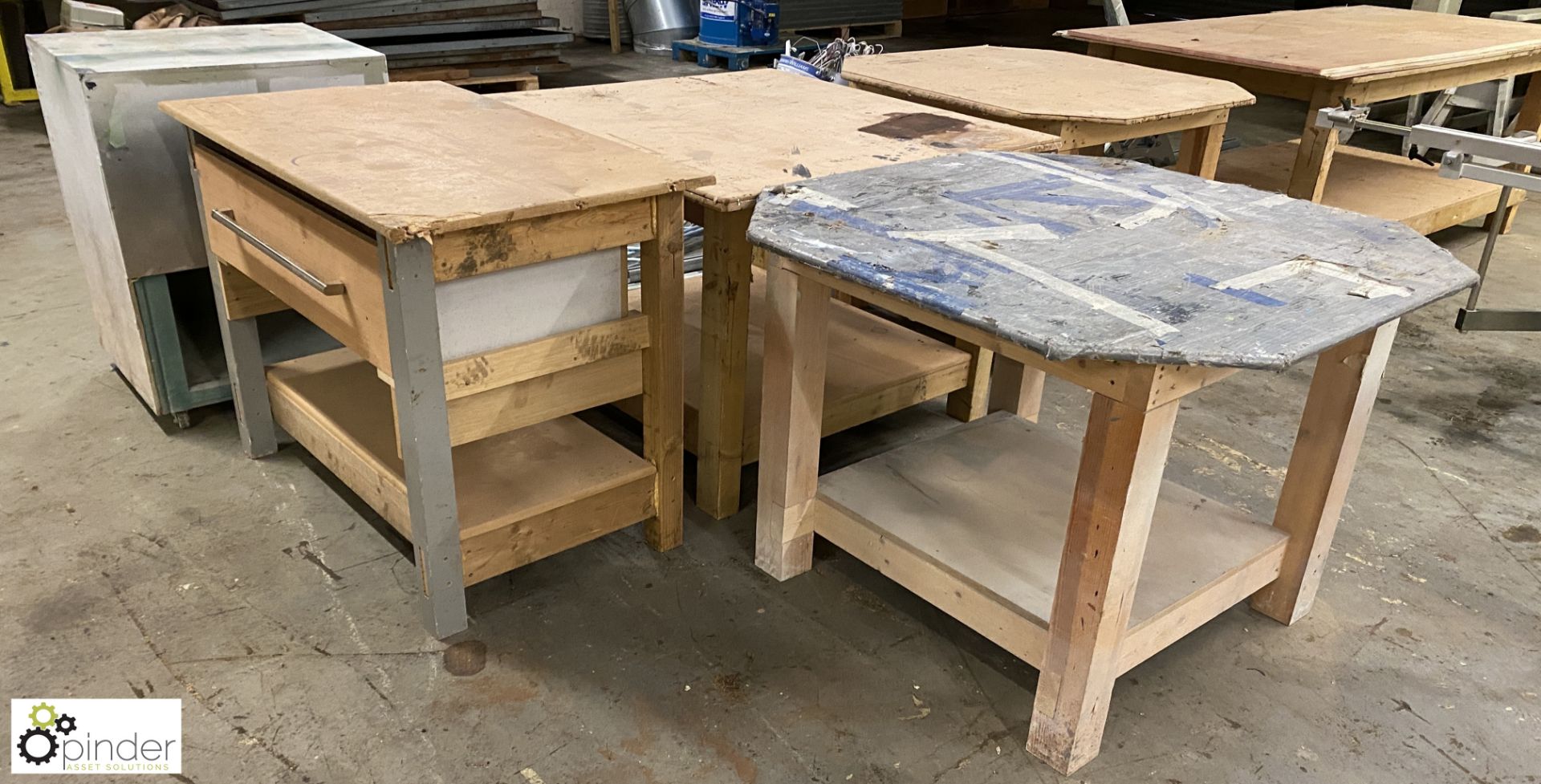 4 various timber Workbenches and timber mobile Cabinet