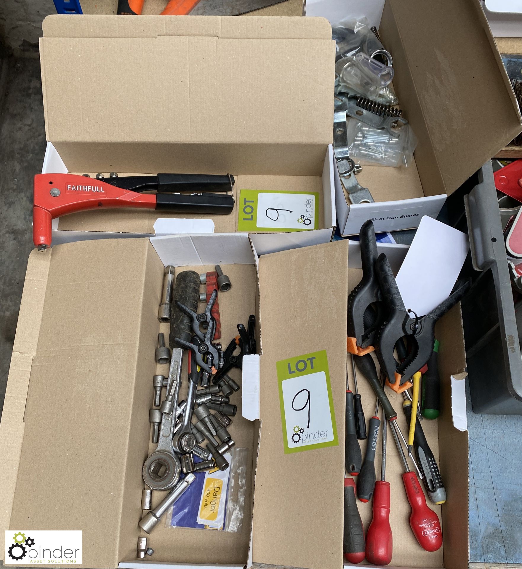 Quantity Hand Tools including pop riveter, clamps, screwdrivers, sockets, etc