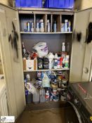 Cabinet and Contents including spray paints, lubricant, silicone sealant, paint, etc