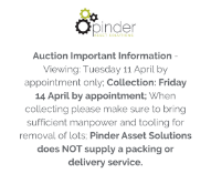 Auction Important Information - Viewing: Tuesday 11 April by appointment only; Collection: Friday 14