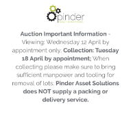 Auction Important Information - Viewing: Wednesday 12 April by appointment only; Collection: Tuesday