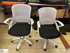 Pair Office Swivel Armchairs, charcoal seat, white frame and mesh back