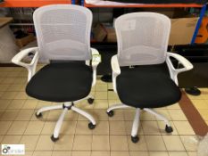 Pair Office Swivel Armchairs, charcoal seat, white frame and mesh back