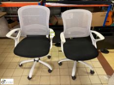 Pair Office Swivel Armchairs, charcoal seat, white frame and mesh back