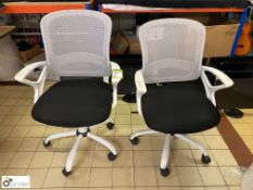 Pair Office Swivel Armchairs, charcoal seat, white frame and mesh back