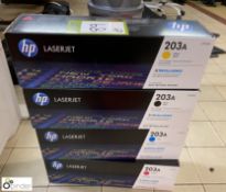 4 HP Laserjet Print Cartridges, 203A, yellow, cyan, magenta and black