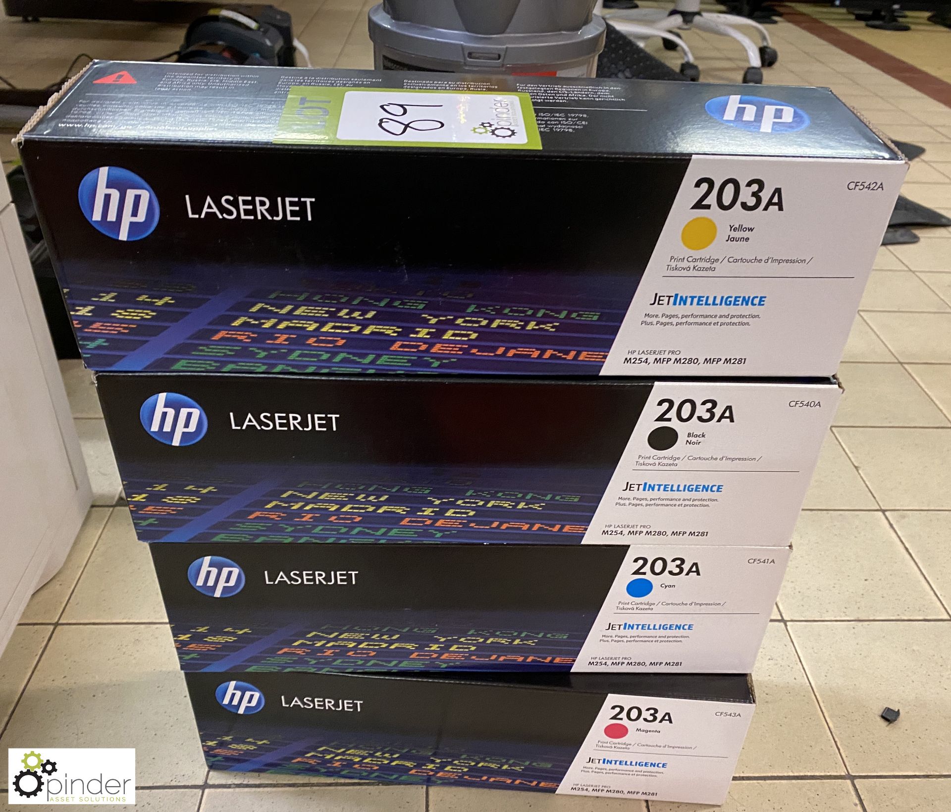 4 HP Laserjet Print Cartridges, 203A, yellow, cyan, magenta and black