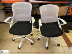 Pair Office Swivel Armchairs, charcoal seat, white frame and mesh back