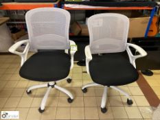 Pair Office Swivel Armchairs, charcoal seat, white frame and mesh back