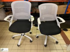 Pair Office Swivel Armchairs, charcoal seat, white frame and mesh back