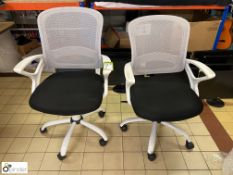 Pair Office Swivel Armchairs, charcoal seat, white frame and mesh back