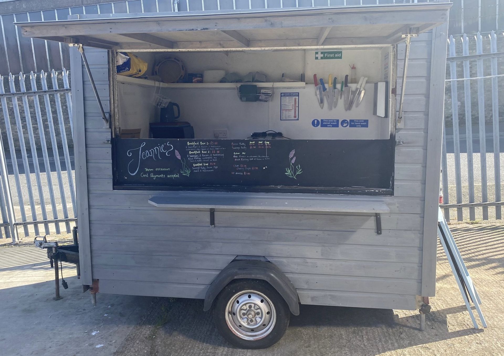 Single axle Catering Trailer comprising fitted units, sink, fridge, freezer, griddle, worktops (