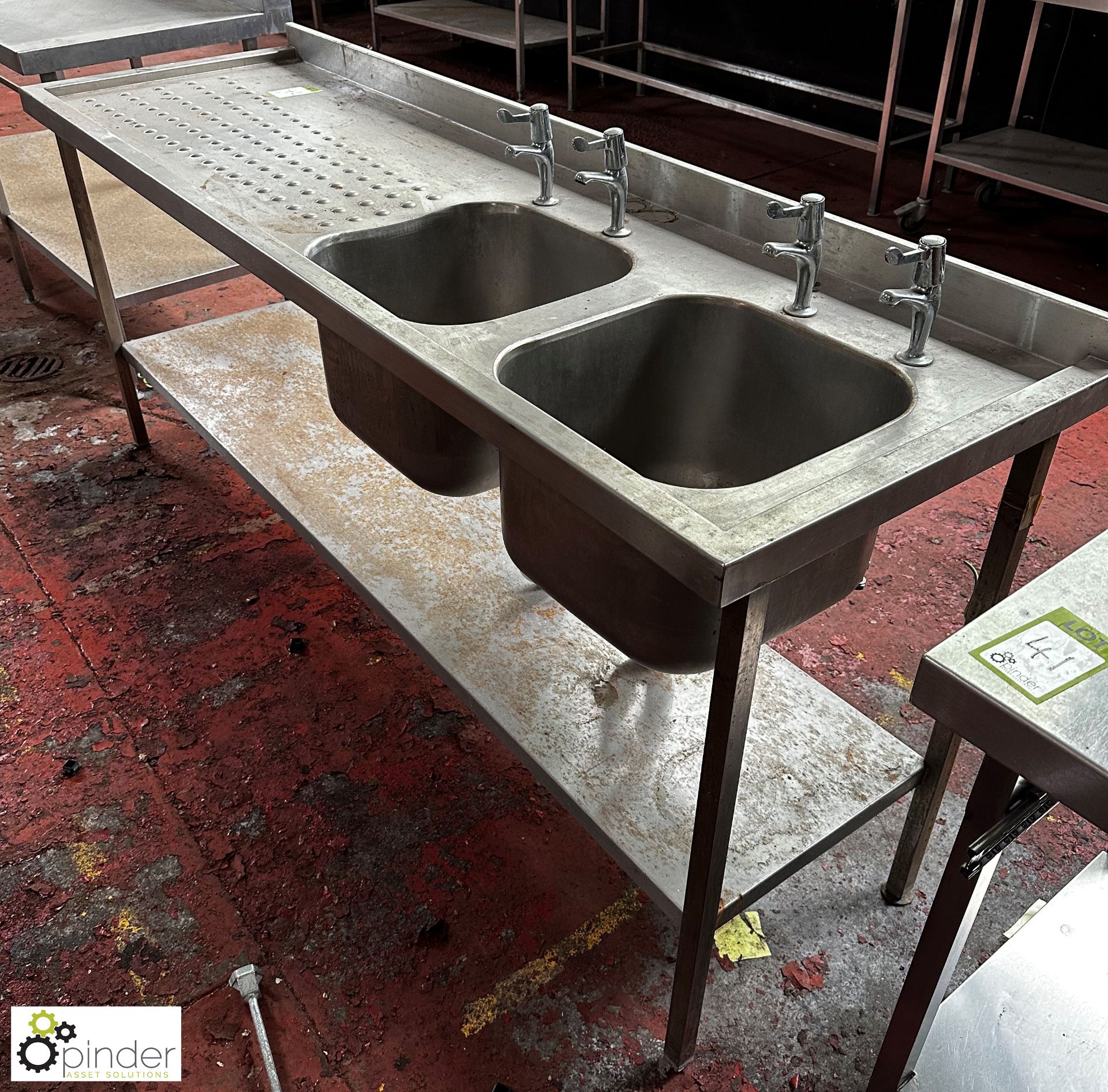 Stainless steel twin bowl Sink, 2100mm x 650mm x 900mm, with left hand drainer and under shelf - Image 3 of 5