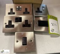 2 brushed aluminium double Power Sockets, single power Socket, triple Light Switch and single