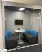 Acoustic self standing Meeting Pod, 2120mm x 1140mm x 2250mm, with 2 sofas, table, HP screen and